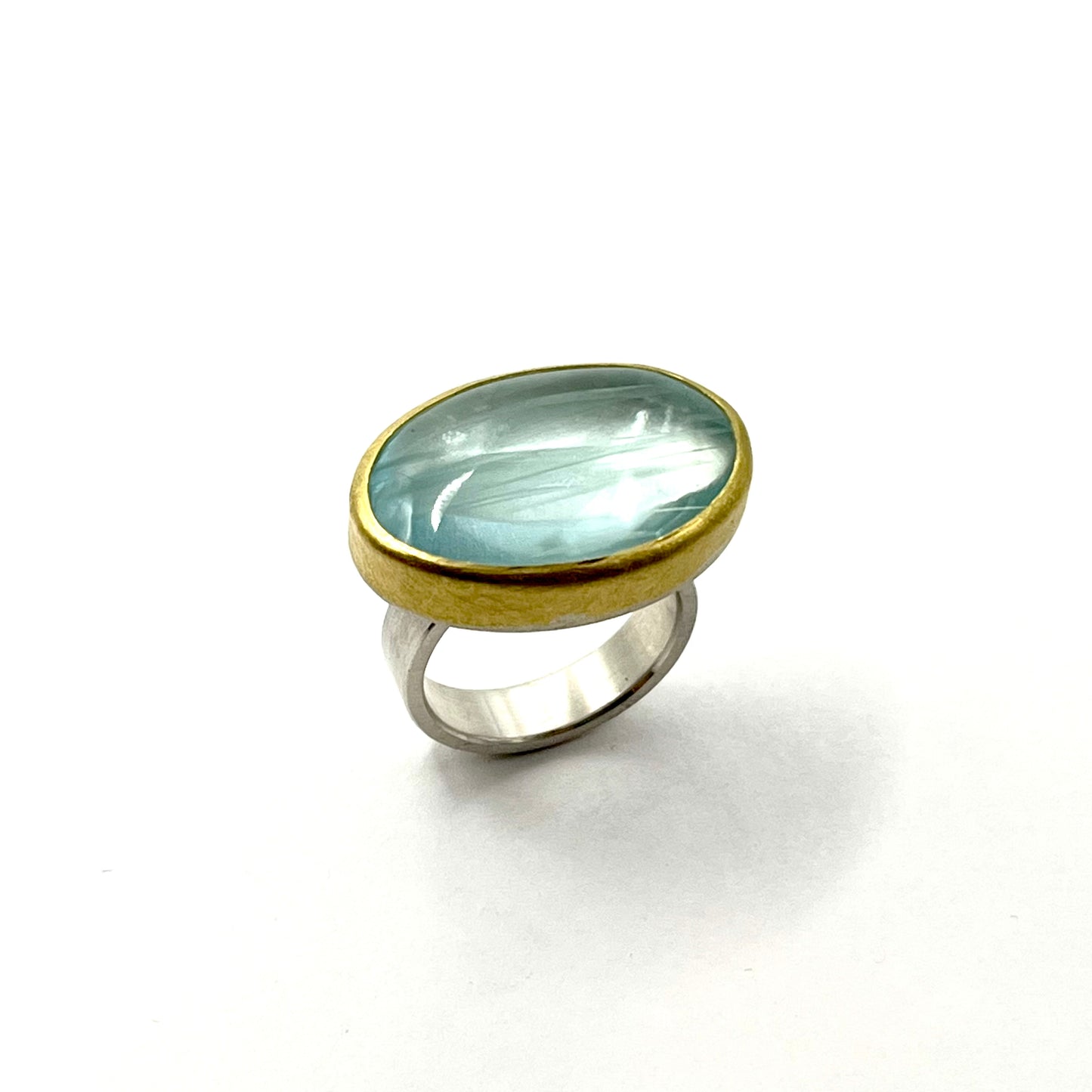 22k Gold & Sterling Silver Aqua Oval Cabochon East-West Ring, SW26233, Sam Woehrmann