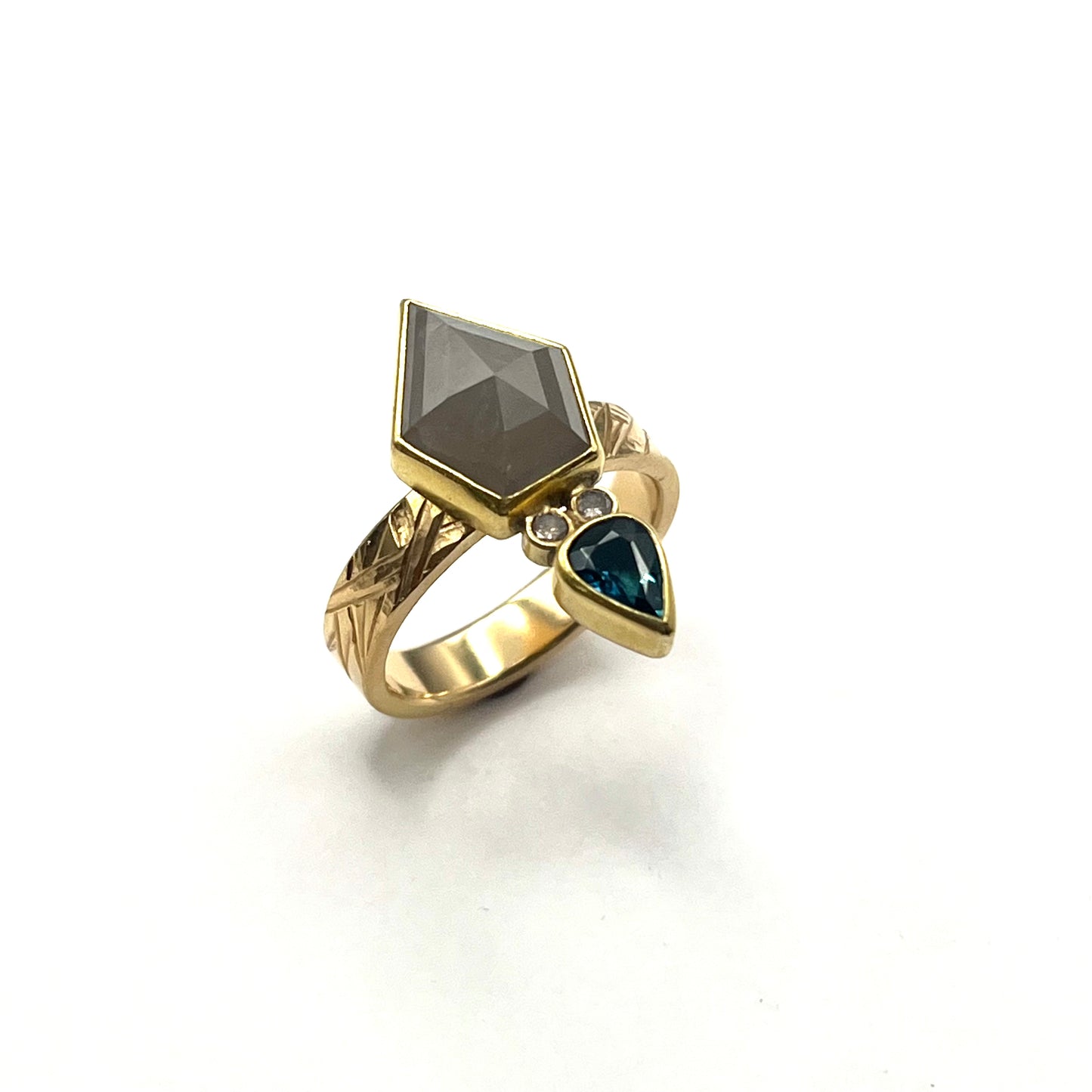 22kt & 18kt Gold Grey Diamond & Blue Tourmaline Ring with Engraved Band, SW26219, Sam Woehrmann