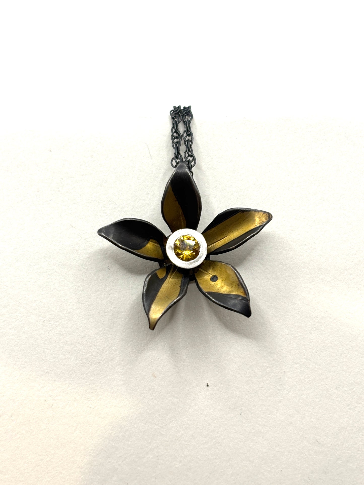 Oxidized Sterling Silver & 18 kt Gold Accents Pendant Yellow Sapphire Necklace OM26-089