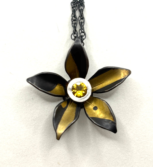 Oxidized Sterling Silver & 18 kt Gold Accents Pendant Yellow Sapphire Necklace OM26-089, OWEN MCLNERNEY