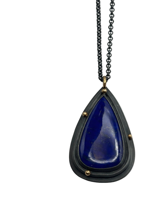 Pendant Necklace iwth lapis lazuli drop with Oxidized Sterling Silver and Fine Silver, 18 Karat Bail and Granules