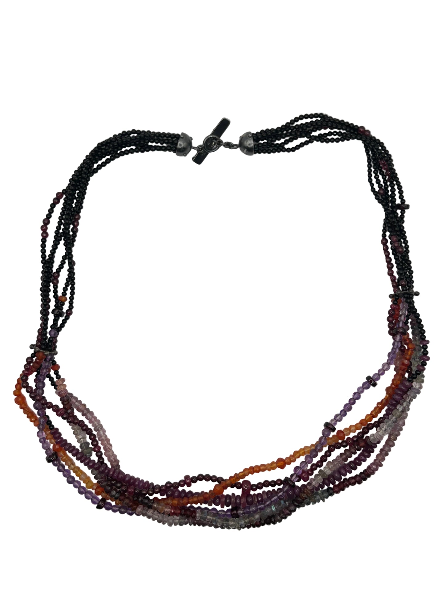 Bead Necklace with Black Onyx, Garnet, Amethyst, Carnelian,Pink Sapphire, Rainbow Moonstone,  Labradorite and Ruby Beads, with Oxidized Silver Spacer and Toggle Clasp