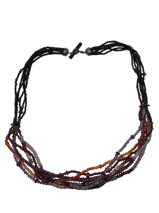 Bead Necklace with Black Onyx, Garnet, Amethyst, Carnelian,Pink Sapphire, Rainbow Moonstone,  Labradorite and Ruby Beads, with Oxidized Silver Spacer and Toggle Clasp