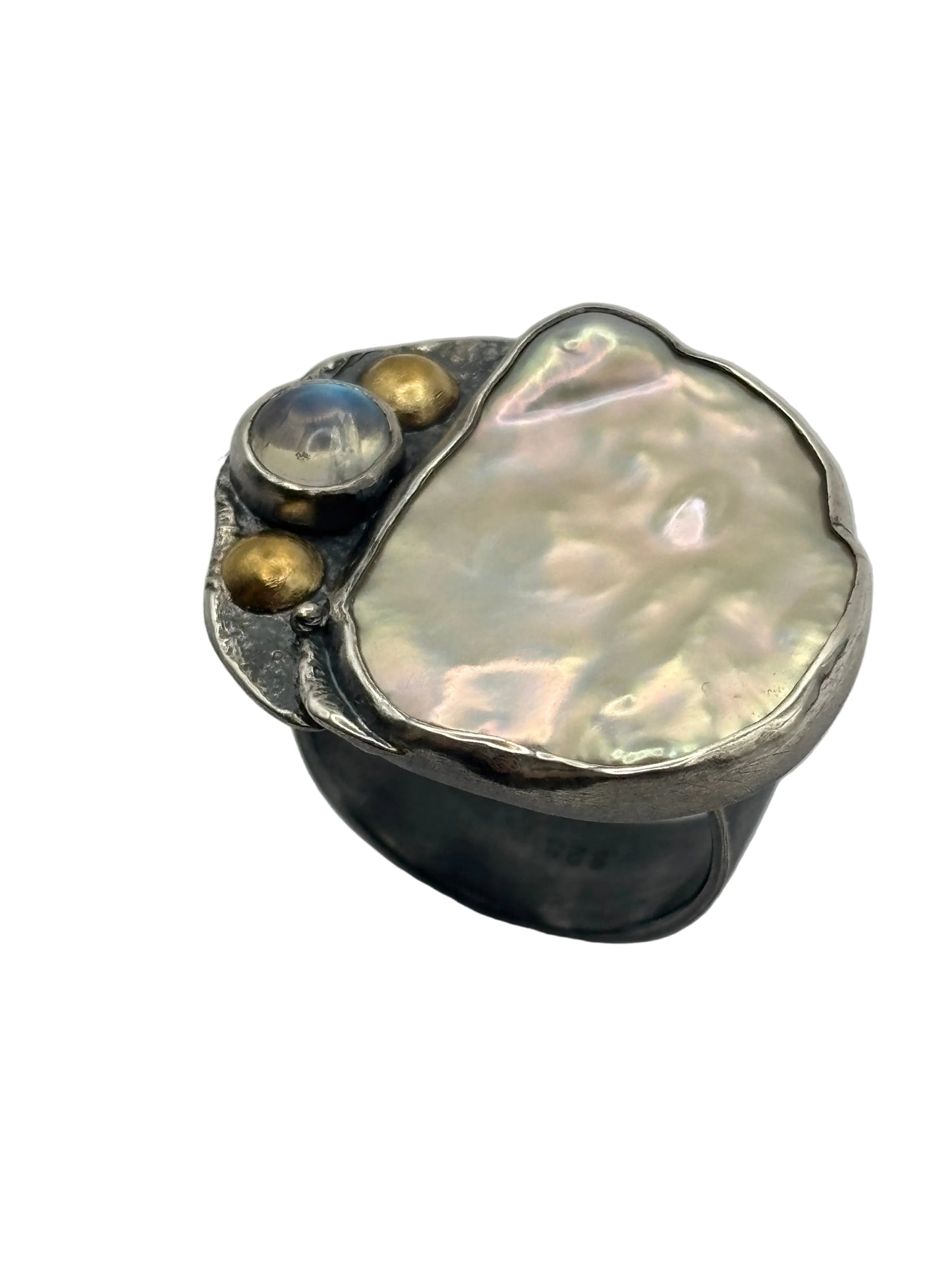 Baroque Pearl Rainbow Moonstone Ring, reticulated oxidized sterling silver and fine silver, with 22 karat gold dome adornments