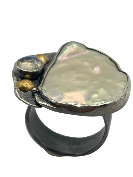 Baroque Pearl Rainbow Moonstone Ring, reticulated oxidized sterling silver and fine silver, with 22 karat gold dome adornments