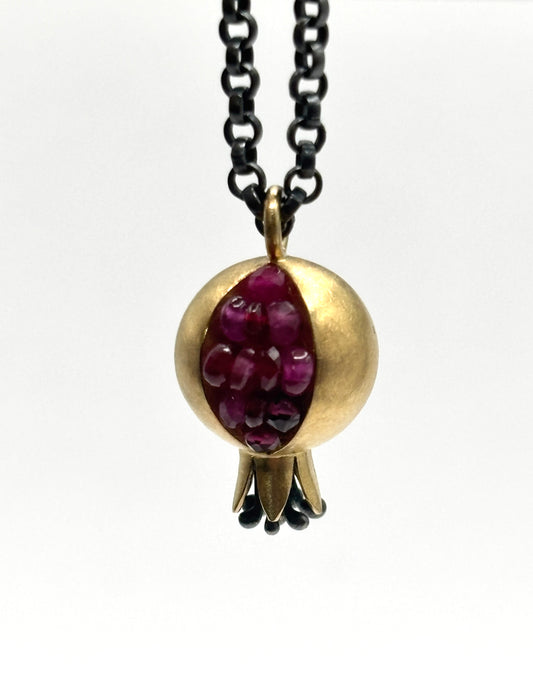 Pomegranate Pendant Necklace, Hollow Form Pomegranate in 18 Karat Gold