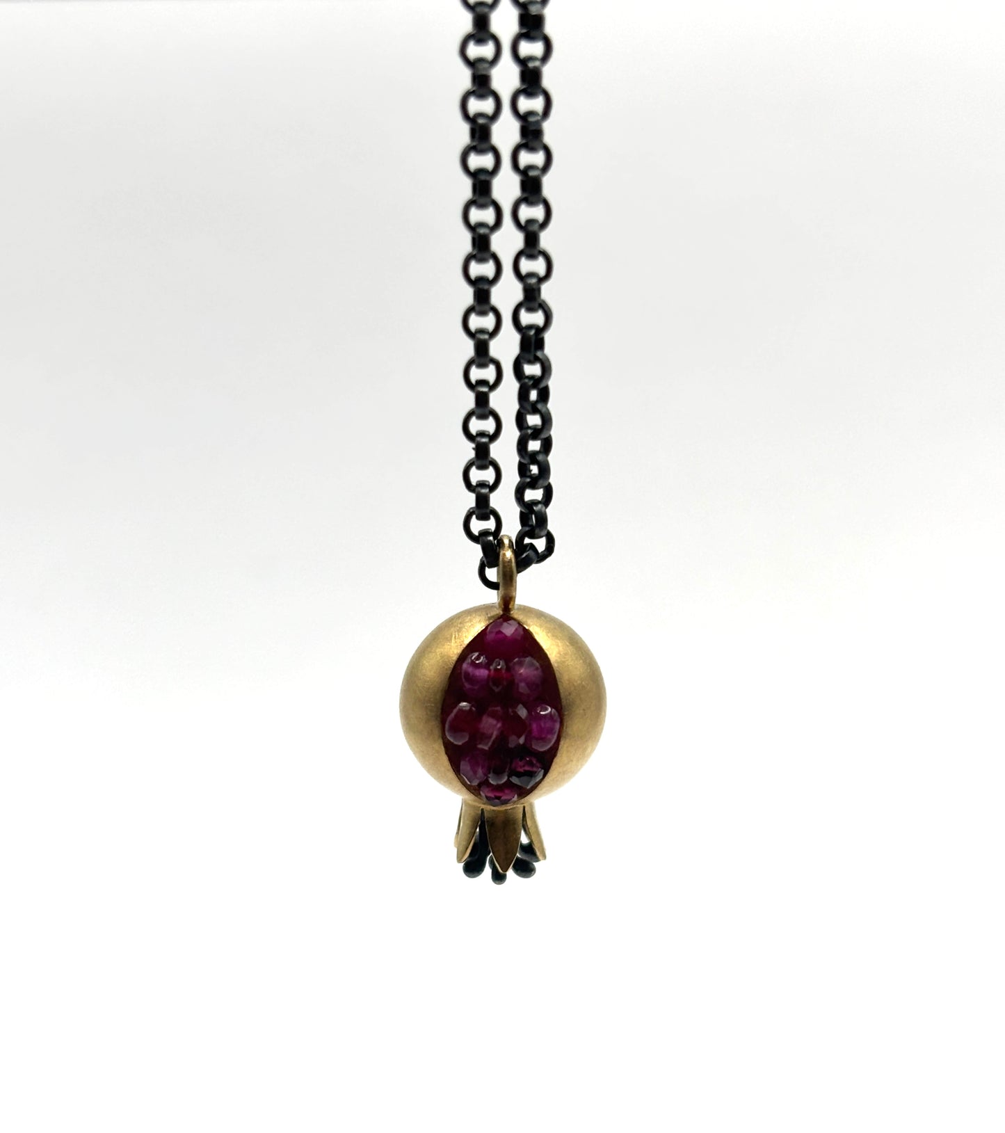 Pomegranate Pendant Necklace, Hollow Form Pomegranate in 18 Karat Gold