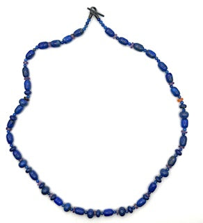Bead Necklace with Lapis Lazuli, Carneilian, Amethyst Beads and Oxidized Silver Toggle Clasp