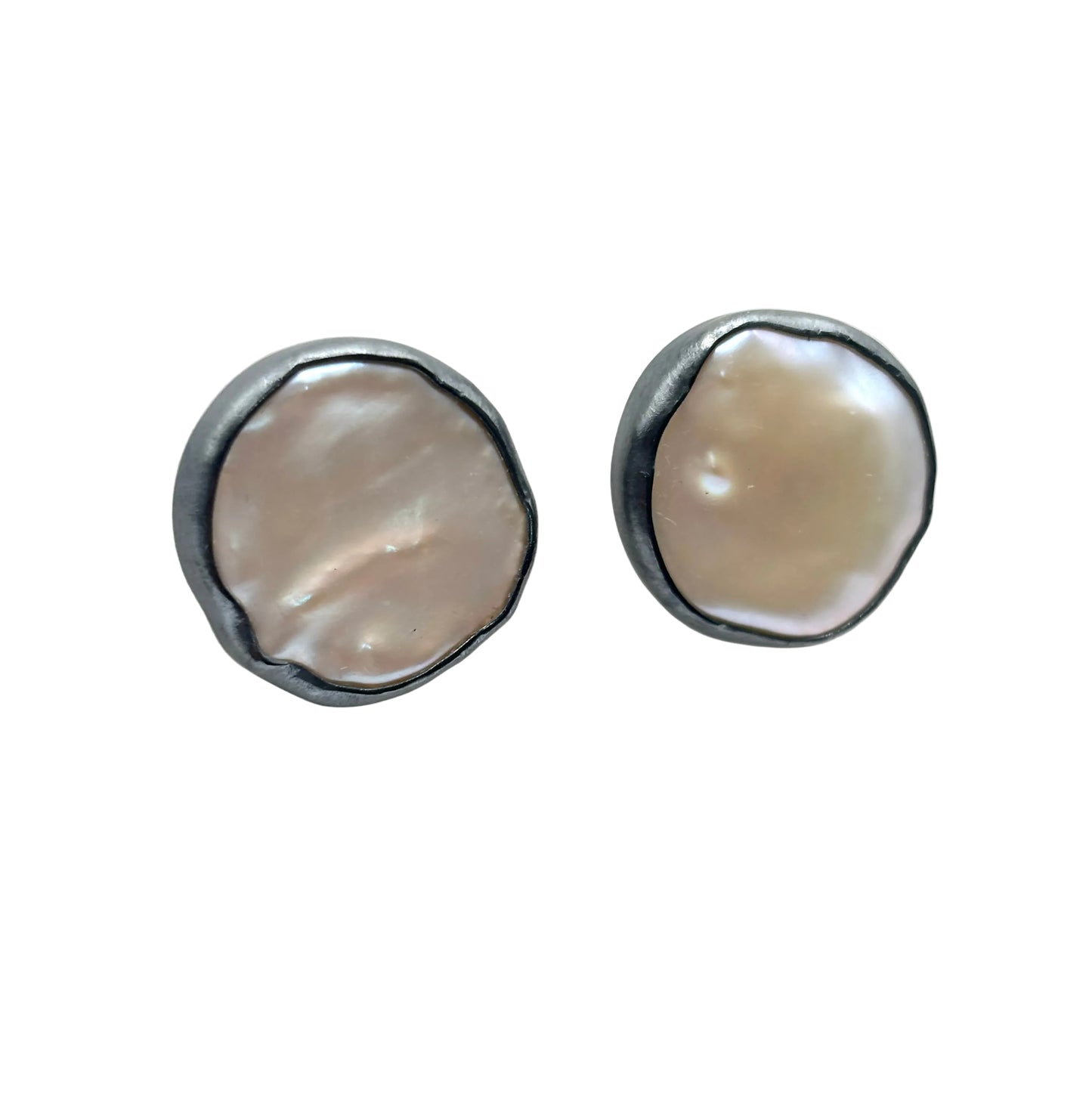 Baroque Pearl Post Earrings in Oxidized SIlver and Fine Silver