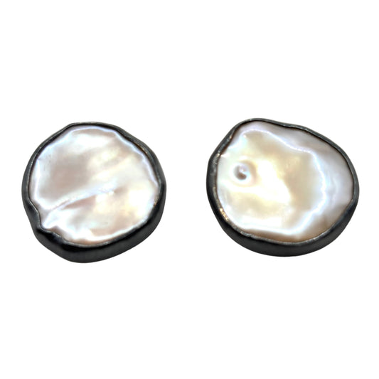 Baroque Pearl Post Earrings in Oxidized SIlver and Fine Silver