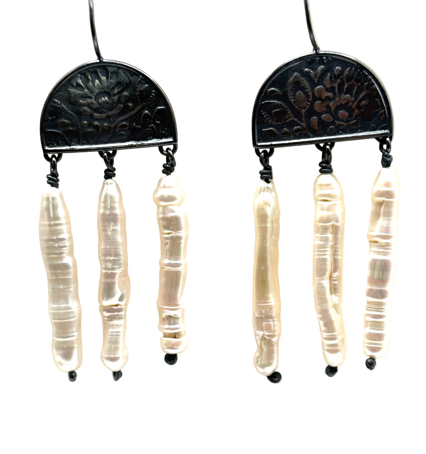 Duomo Earrings, EmbossedD Oxidized Sterling SIlver Dome Elements with WIre Wrapped Biwa Pearl Dangles