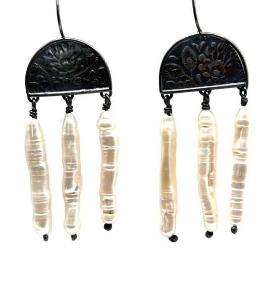 Duomo Earrings, EmbossedD Oxidized Sterling SIlver Dome Elements with WIre Wrapped Biwa Pearl Dangles