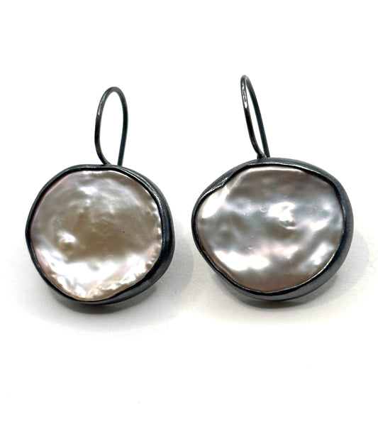 Baroque Pearl French WIre Earrings in Oxidized Sterling Silver and Fine Silver