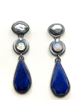 Dangle Earring with Lapis Lazuli Faceted Drops, Bezel Set Baroque Pearl and Rainbow Moonstone and Oxidized Sterling Silver
