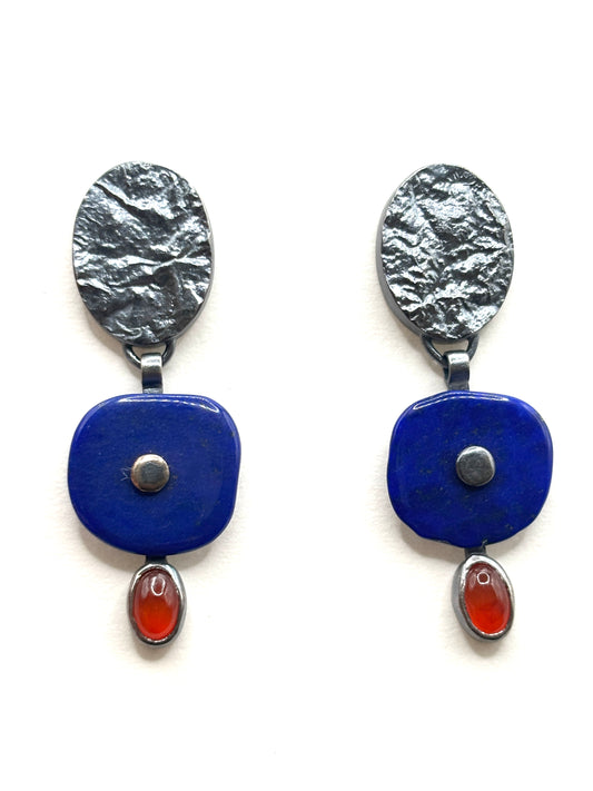 Roccia Earrings with Oval Hollow Form Oxidized, Reticulated Silver Tops, Lapis Lazuli Riveted DIsk Dangles, Bezel Set Carnelian Cabochons