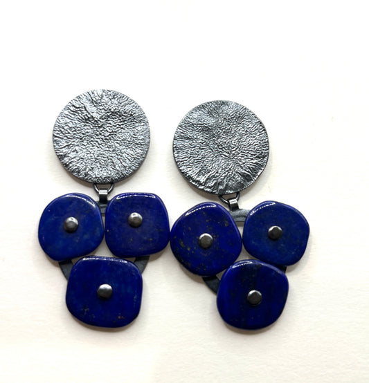 Roccia Earrings with Round Hollow Form Oxidized, Reticulated Silver Tops and Lapis Lazuli Riveted Disk Dangles