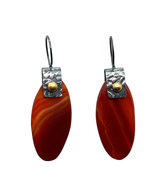 Carnelian Oval Earrings with Oxidized Embossed SIlver and 22 Karat Gold Domed RIvets