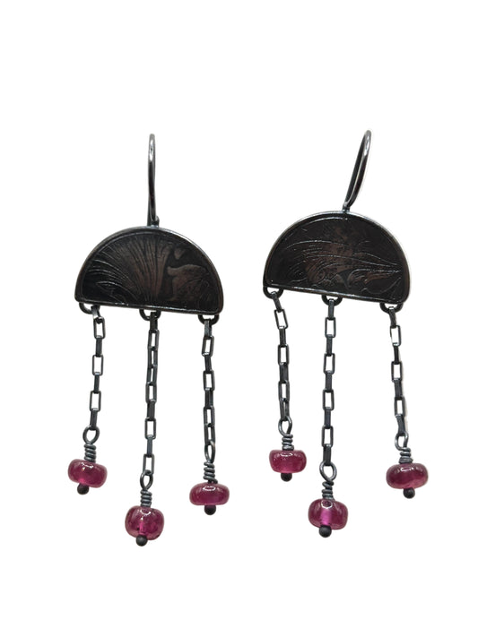 Duomo Earrings, Embossed Oxidized Sterling SIlver Dome Elements with Long Chain Dangles and Wire Wrapped Pink Sapphire Beads