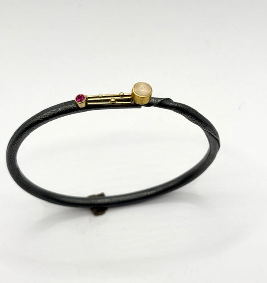 Twig Bracelet Autus Style, With 18 Karat Ball and Red Sapphire Set in Oxidized Sterling Silver, CM26-B7001