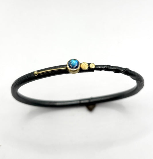 Twig Bracelet Stepping Stone Style, 2 Graduated Circles With Moonstone and Short Inlaid 18 Karat Line, CM26-B7001