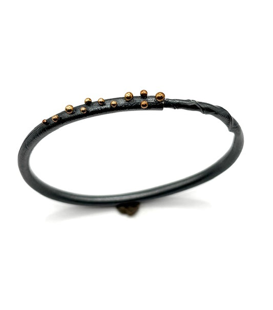 Twig Bracelet Autus Style, with 11 Scattered 14 Karat Balls Set in Oxidized Sterling Silver, CM26-B7001