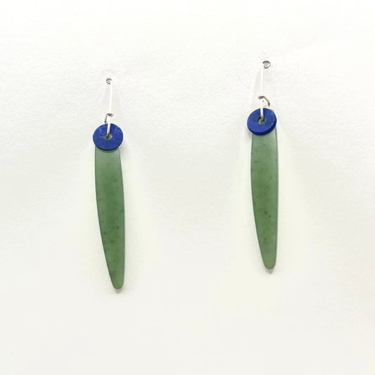 Curved Tooth Shape Earrings in Apple Green Wyoming Nephrite, Lapis Lazuli Beads with Sterling Silver Wires, PS26-5, Peter Schilling
