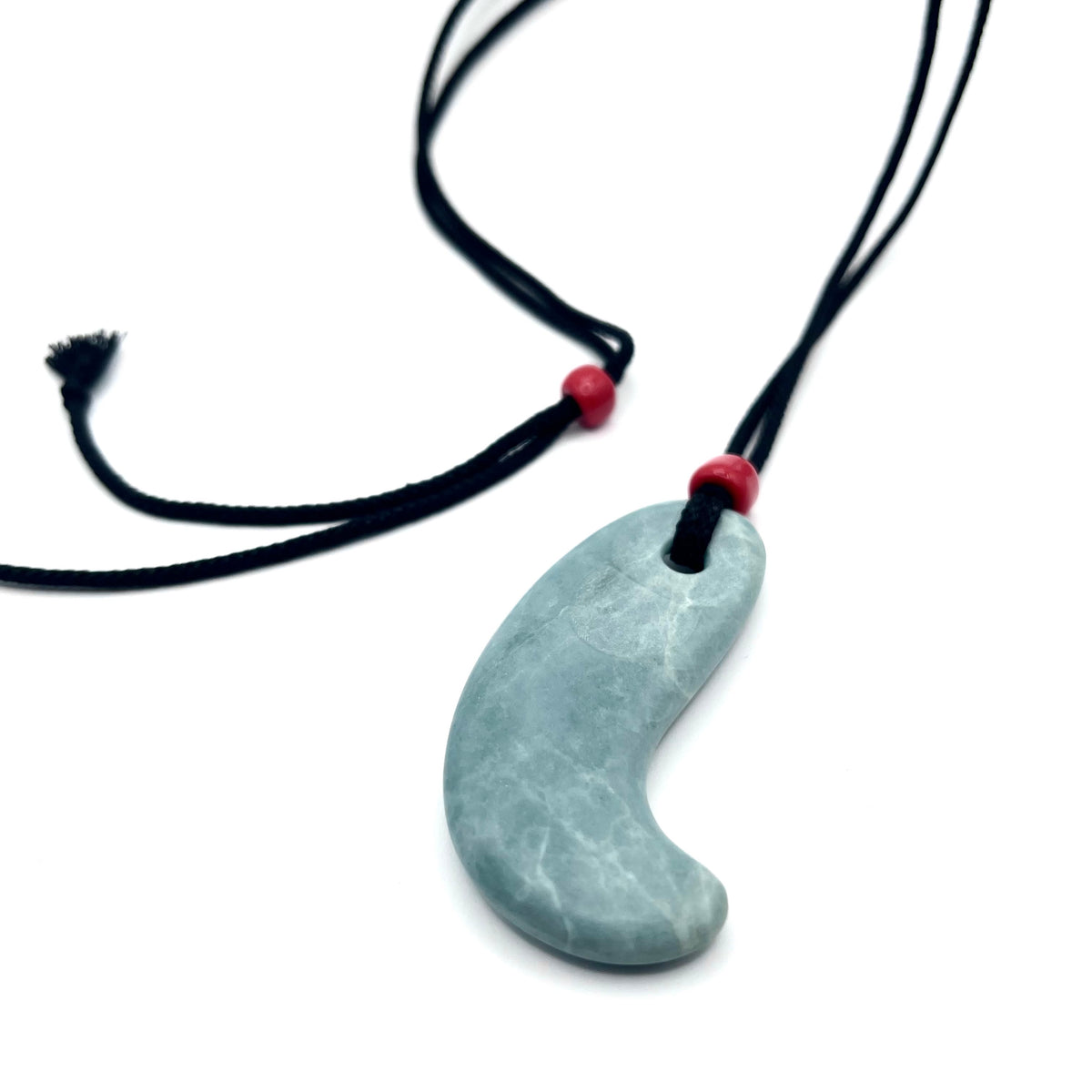 Long Magatama Double Scooped Pendant in Opaque Sage Green Guatemalan Jadelite, Glass Beads and Braided Silk PS26-3, Peter Schilling