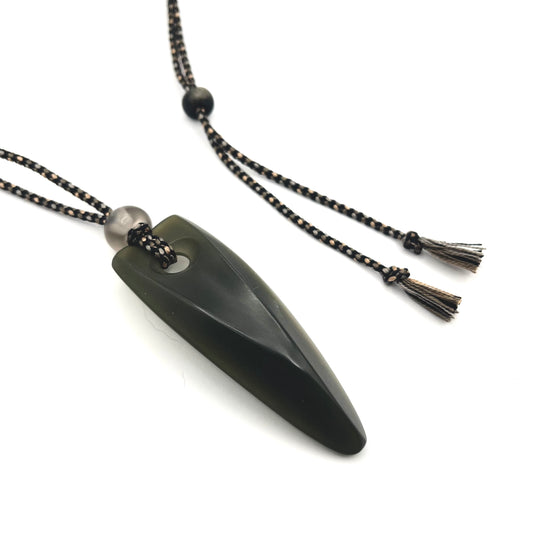Olive Green Long Triangular Pendant in Wyoming Nephrite, Smoky Quartz and Onyx Beads PS26-2, Peter Schilling