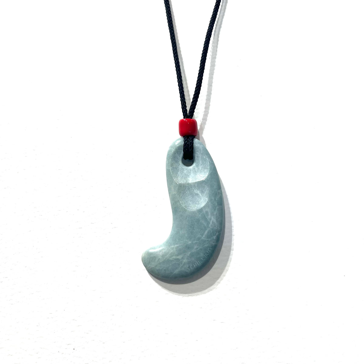 Long Magatama Double Scooped Pendant in Opaque Sage Green Guatemalan Jadelite, Glass Beads and Braided Silk PS26-3, Peter Schilling