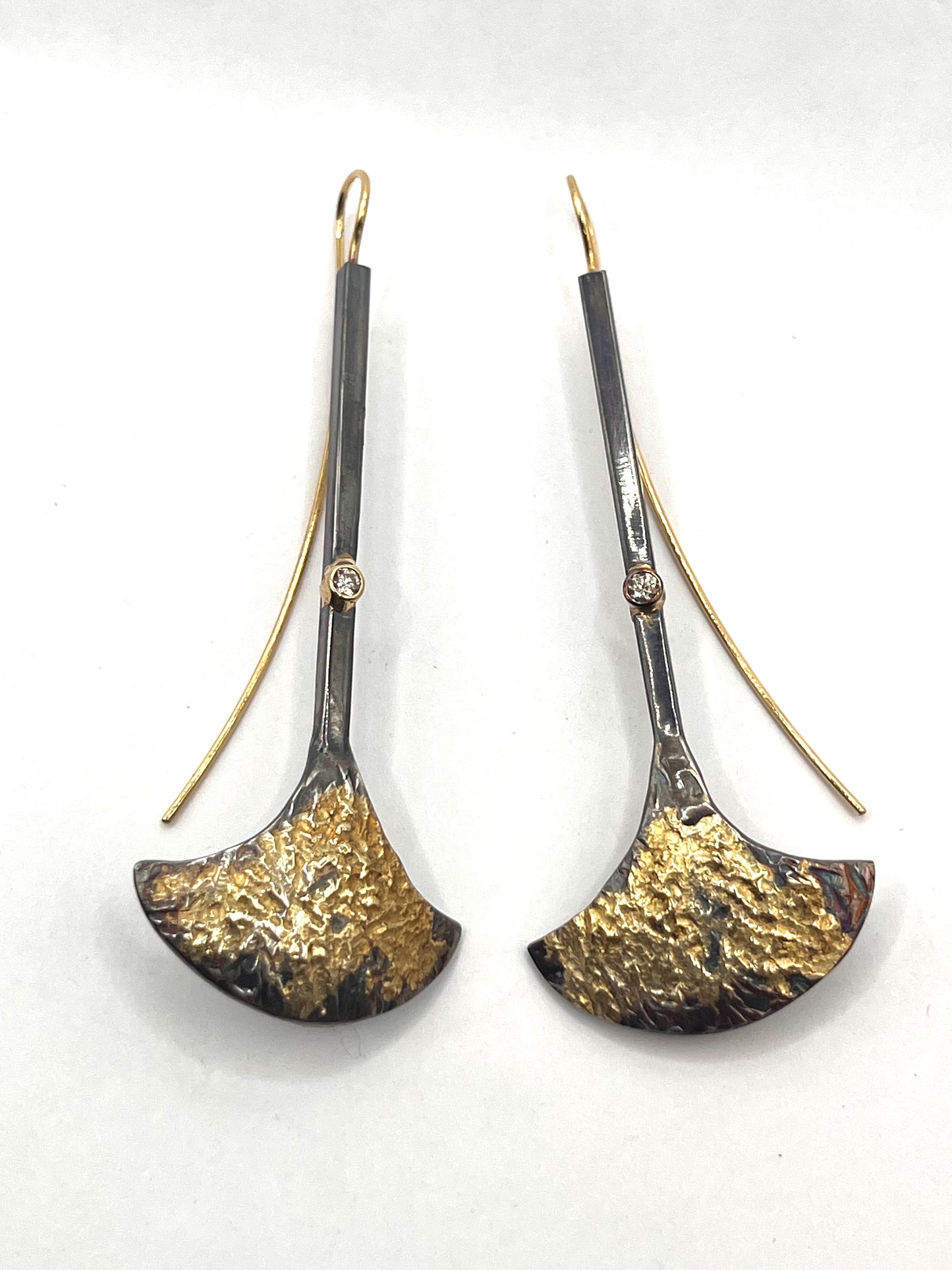 22k gold on oxidized sterling silver earrings with white diamonds