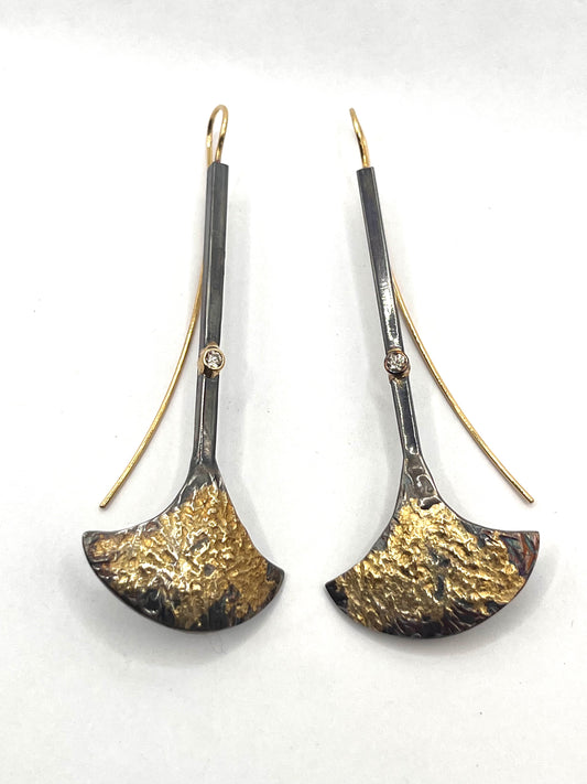 22k gold on oxidized sterling silver earrings with white diamonds