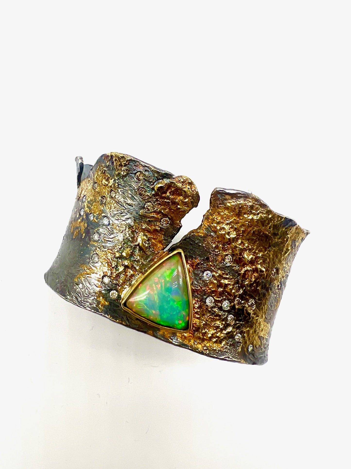 22k fused gold on sterling silver cuff with Ethiopian opal and diamonds