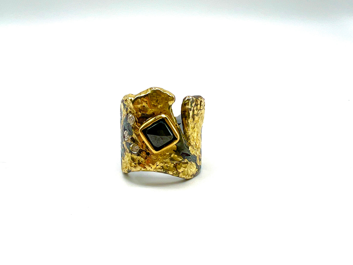 22k gold ring on oxidized sterling silver set with a black rose cut diamond