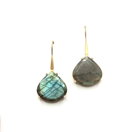 18kt Gold Triangle Labradorite Diamond Hook Earrings