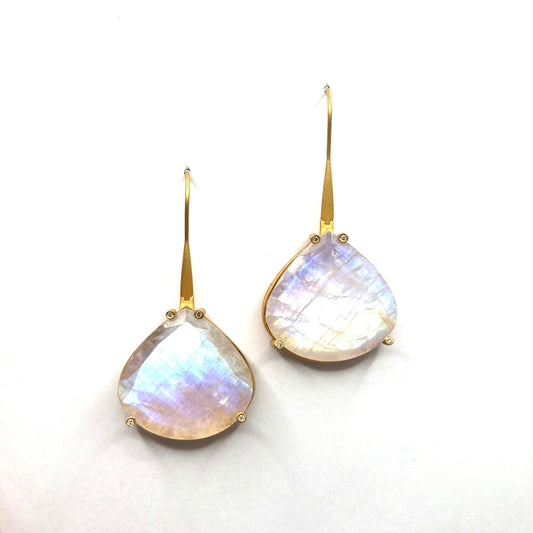 18kt Gold Triangle Moonstone Diamond Hook Earrings