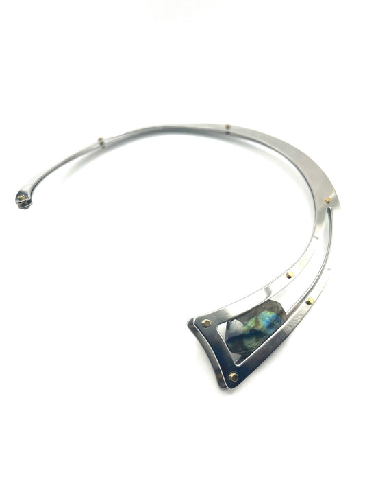 Stainless Steel Neck Cuff with Faceted Labradorite Nugget