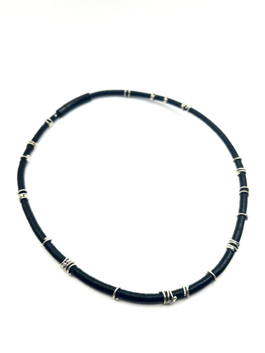 Argentium Silver & Handmade Serpentine Bead Leather Necklace with Blackened Stainless Steel Clasp