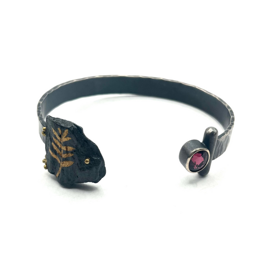 Sterling Silver, 18kt Gold, 24kt Gold, with Umbalite Garnet "Fossil Torc" Bracelet cuff, LM0066, Lisa Mueller