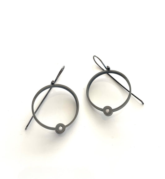 Oxidized Sterling Silver Open Circle Earrings with 1.8mm Diamonds,EB2508, Elisa Bongfeldt