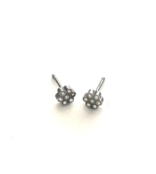Oxidized Sterling Silver Honeycomb Post Earrings with 1.2 mm Diamonds, EB2514, Elisa Bongfeldt