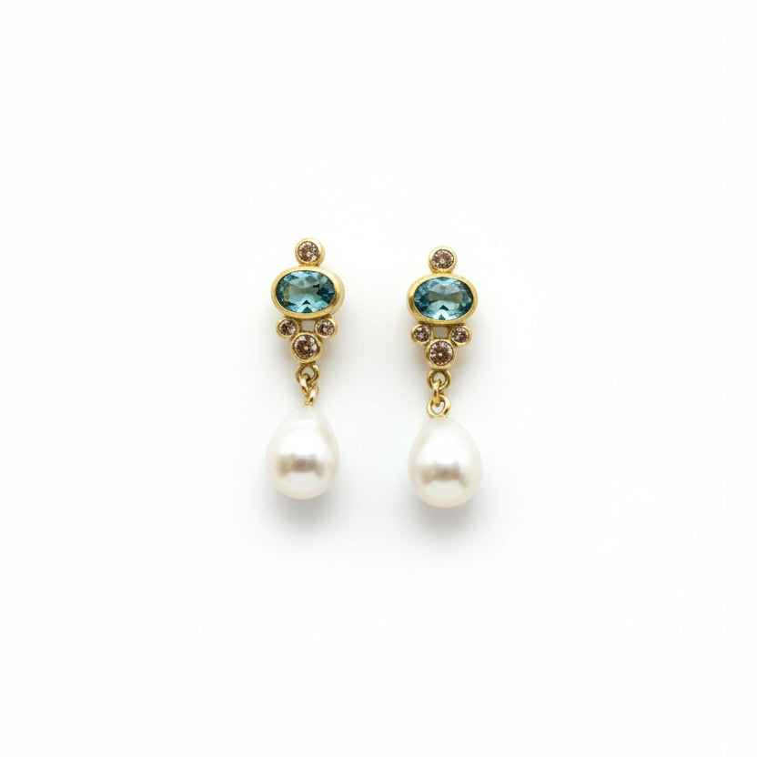 22k & 18k Gold Blue Zircon, Pearl & Diamond Earrings, SW26209, Sam Woehrmann