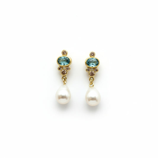 22k & 18k Gold Blue Zircon, Pearl & Diamond Earrings, SW26209, Sam Woehrmann