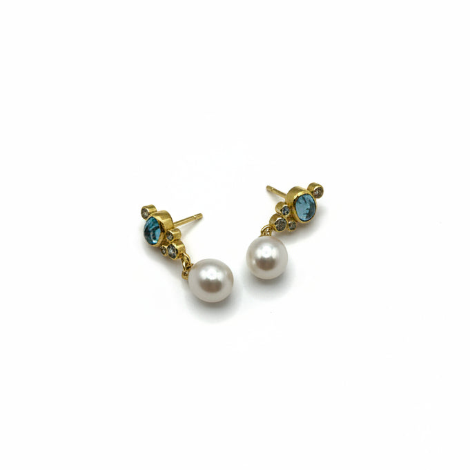 22k & 18k Gold Blue Zircon, Pearl & Diamond Earrings, SW26209, Sam Woehrmann