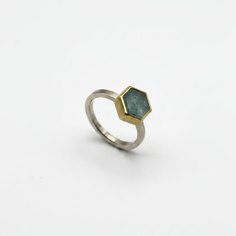 22k Gold & Sterling Silver Aqua Hexagon Slice Ring, SW26243, Sam Woehrmann