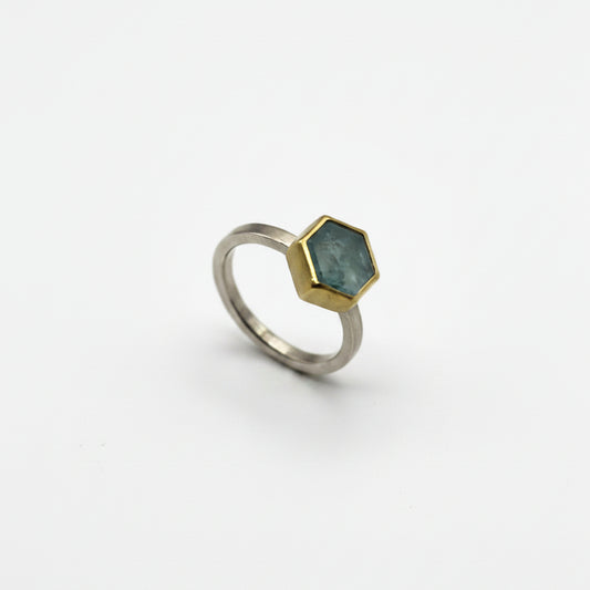 22k Gold & Sterling Silver Aqua Hexagon Slice Ring, SW26243, Sam Woehrmann