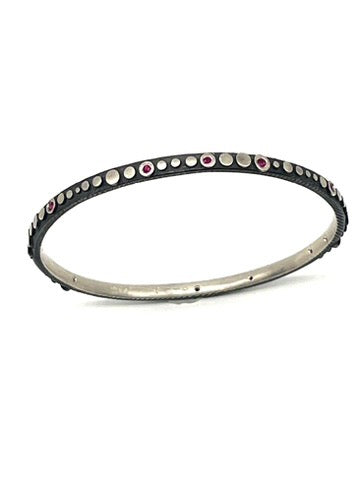 Oxidized Sterling Silver Bracelet Texstured with Dots and Rubies