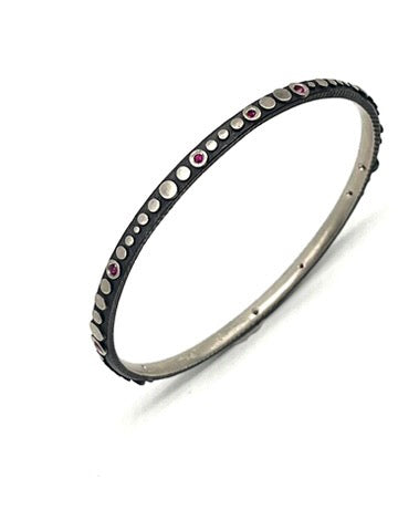 Oxidized Sterling Silver Bracelet Texstured with Dots and Rubies