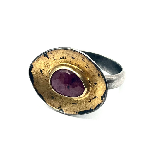 Winza Pink Sapphire Ring, Oxidized Sterling Silver, and 24K Gold, ROWS-R24./YJC0018, Yu Jean Choi
