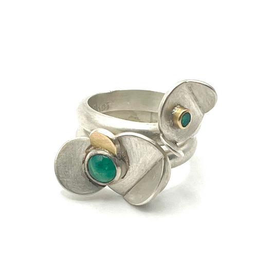 Sterling Silver Ring with 18K & 14K Gold and 3mm Emerald Cabochon (Size 7½), OLE-PR24/YJC0016, Yu Jean Choi