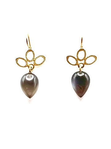 18k Gold Florals with Gray Moonstone Drops Earrings